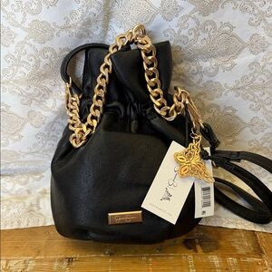 Jessica Simpson Black Shoulder Bucket Bag with Gold Chain
